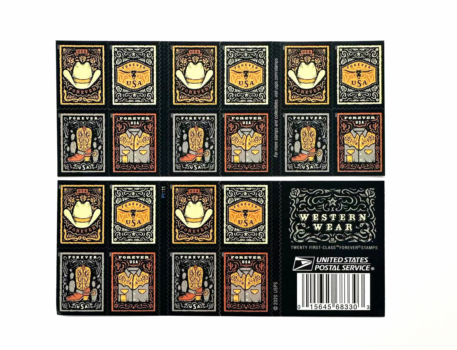 Western Wear (Cowboy Hat, Belt Buckle, Cowboy Boot with Spur, Western Shirt) Forever Postage Stamps image 0